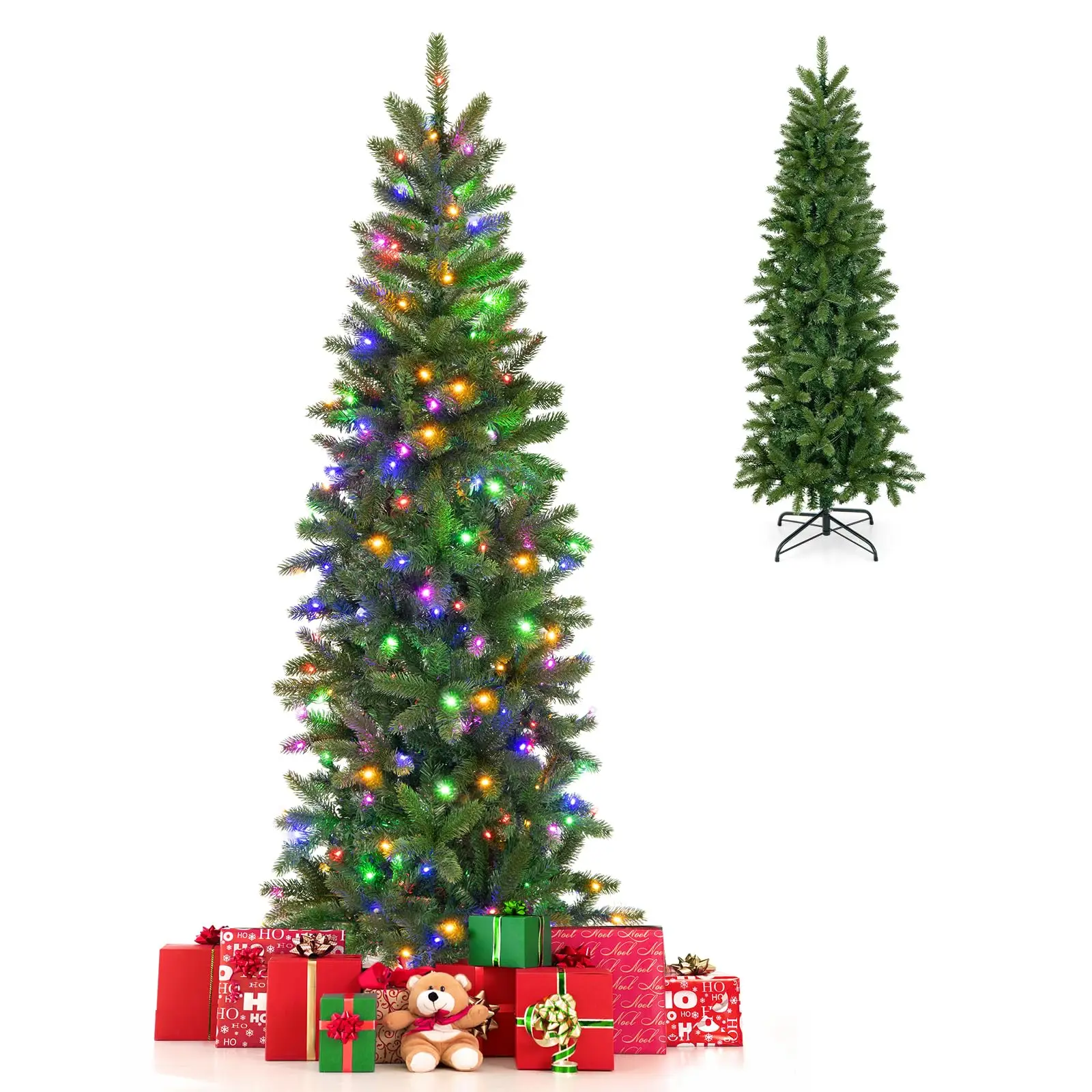 5ft Pre-lit Pencil Christmas Tree, Artificial Christmas Tree with 180 LED Lights, 10 Light Modes, 390 Branch Tips