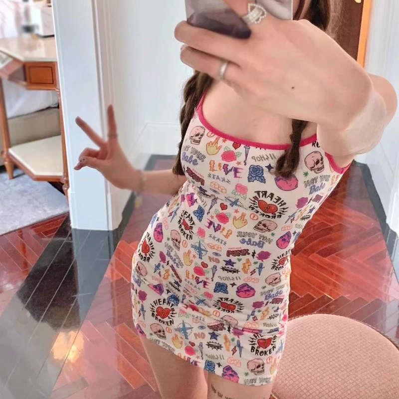Summer Party Nightclub Open Sexy American Graffiti Print Slim Fit Fashion Dopamine Spicy Girl Strap Women‘s Dress