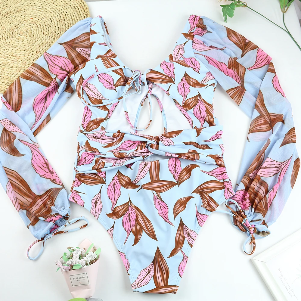 MUOLUX 2024 Summer New Sexy Gathering One piece Printed Bikini Swimwear Women\'s Long sleeved Swimwear Beach Vacation Swimsuit