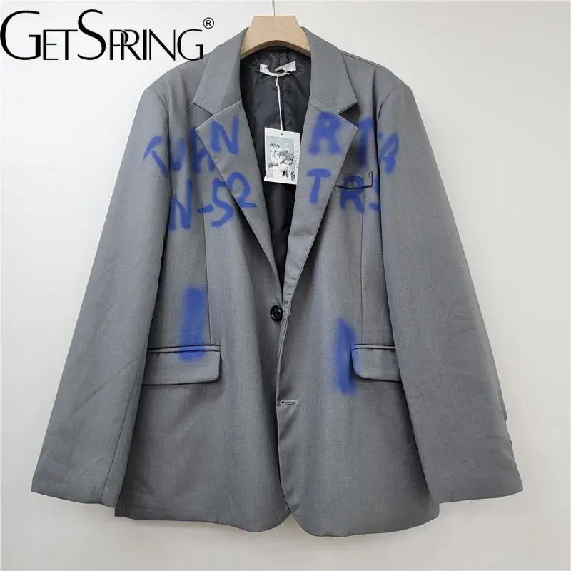 GetSpring Women Blazer 2025 Graffiti Letters Single Breasted Long Sleeve Ladies Black Blazer Coat Loose Women's Long Suit Jacket