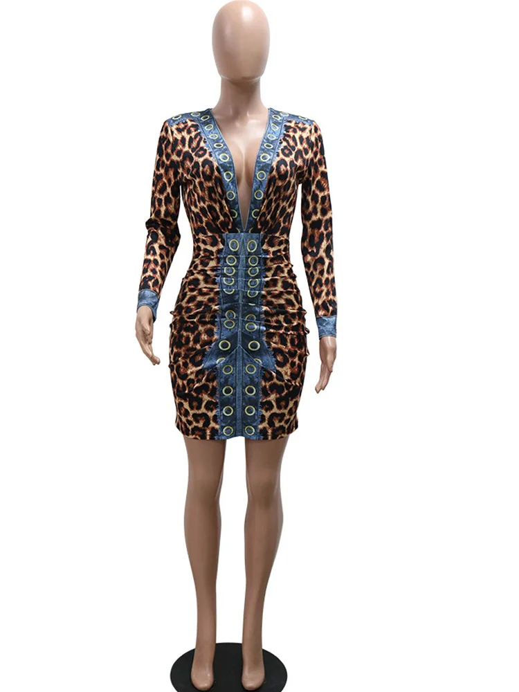 Neeleywall Wild Leopard Print Denim Print Bodycon Mini Dress For Women Long Sleeve Deep V Neck Night Club Outfits Clubwear