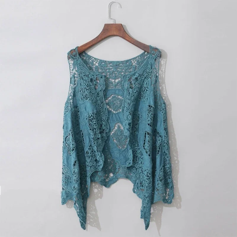 ผู้หญิงเปิดด้านหน้า Cardigan Boho Hollow Out โครเชต์ลูกไม้ผ้าม่านไม่สมมาตร Hem Hippie Shawl สีทึบเสื้อกั๊ก