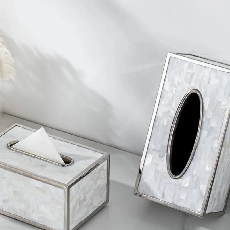 White Shell Tissue Box Modern Luxury Rectangular Tissue Case Desktop Aesthetic Art Stainless Steel Napkin Boxes Home Decoration