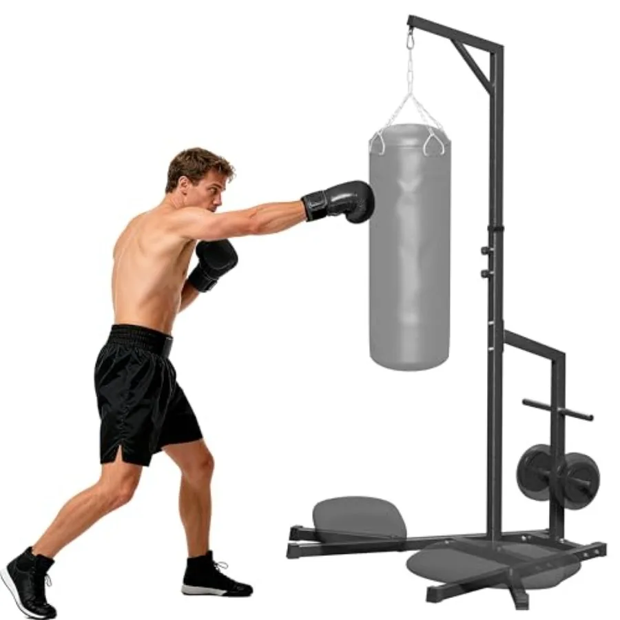 Home Gym Heavy Duty Height Adjustable Heavy Bag Stand: 50x50mm Steel Frame Black Powder-Coated Weighted Base for Stability