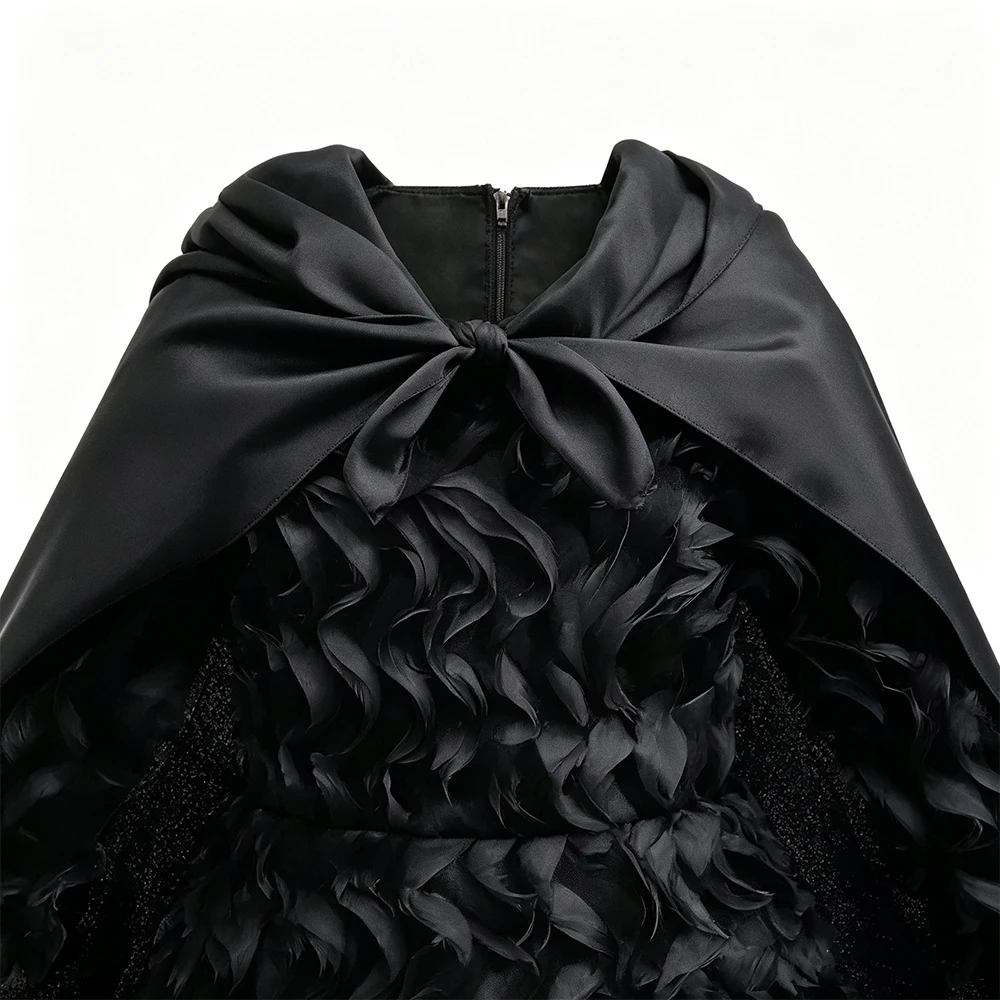 Schwarzes Hexenkostüm für Mädchen, gerüschtes Tüllkleid mit Umhang, langärmeliges gotisches Abendkleid für Kinder, Halloween, Karneval, Geburtstagsfeier – Detail 4