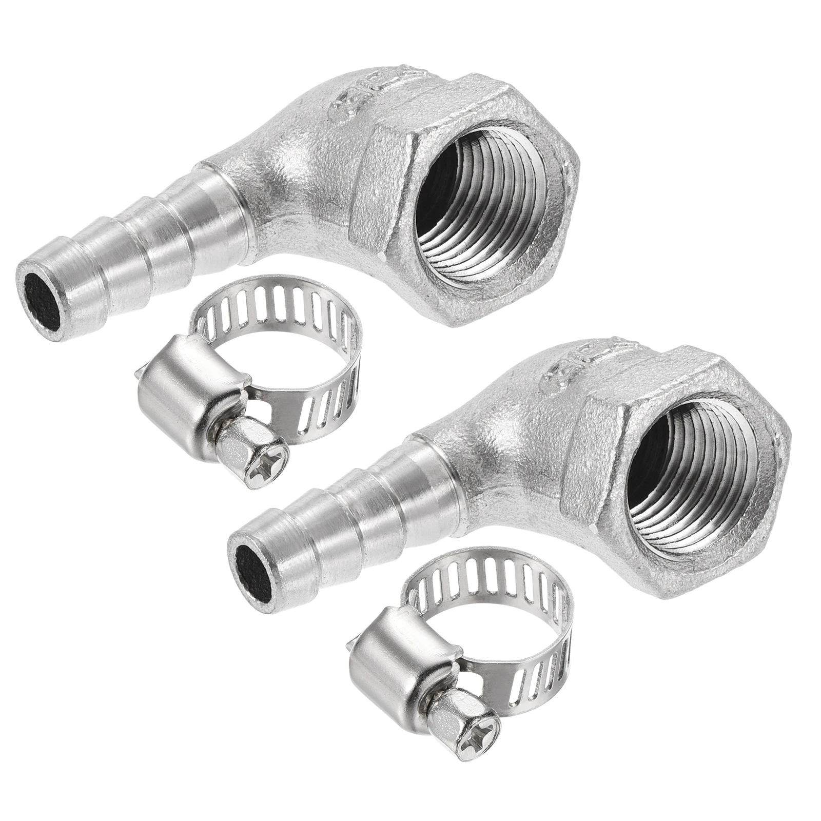 

uxcell 304 Stainless Steel Hose Barb Fitting Elbow 8mmx1/4PT Female Thread Right Angle Pipe Connector with Hose Clamp 2 Set