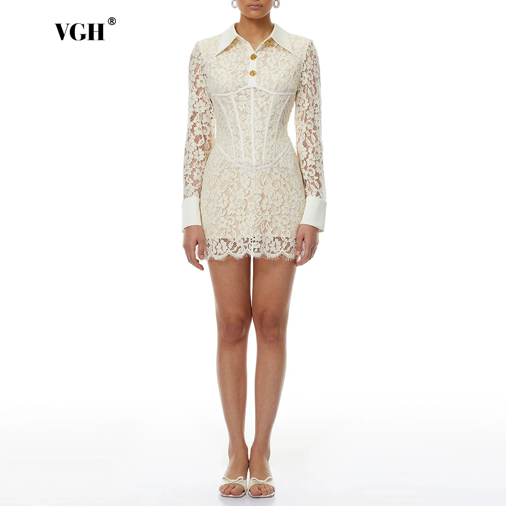 

VGH Retro Elegant Lace Mini Shirt Dress for Women Lapel Long Sleeve Corset Waist Gold Buttons Accent for Luxury Formal Dinner