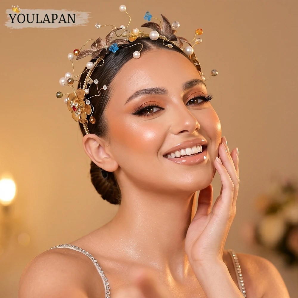 youlapan-ピンクカラークリスタルフラワープリンセスヘッドバンド手作りビーズ春結婚式ヘアフープパーティーヘアアクセサリー-a304