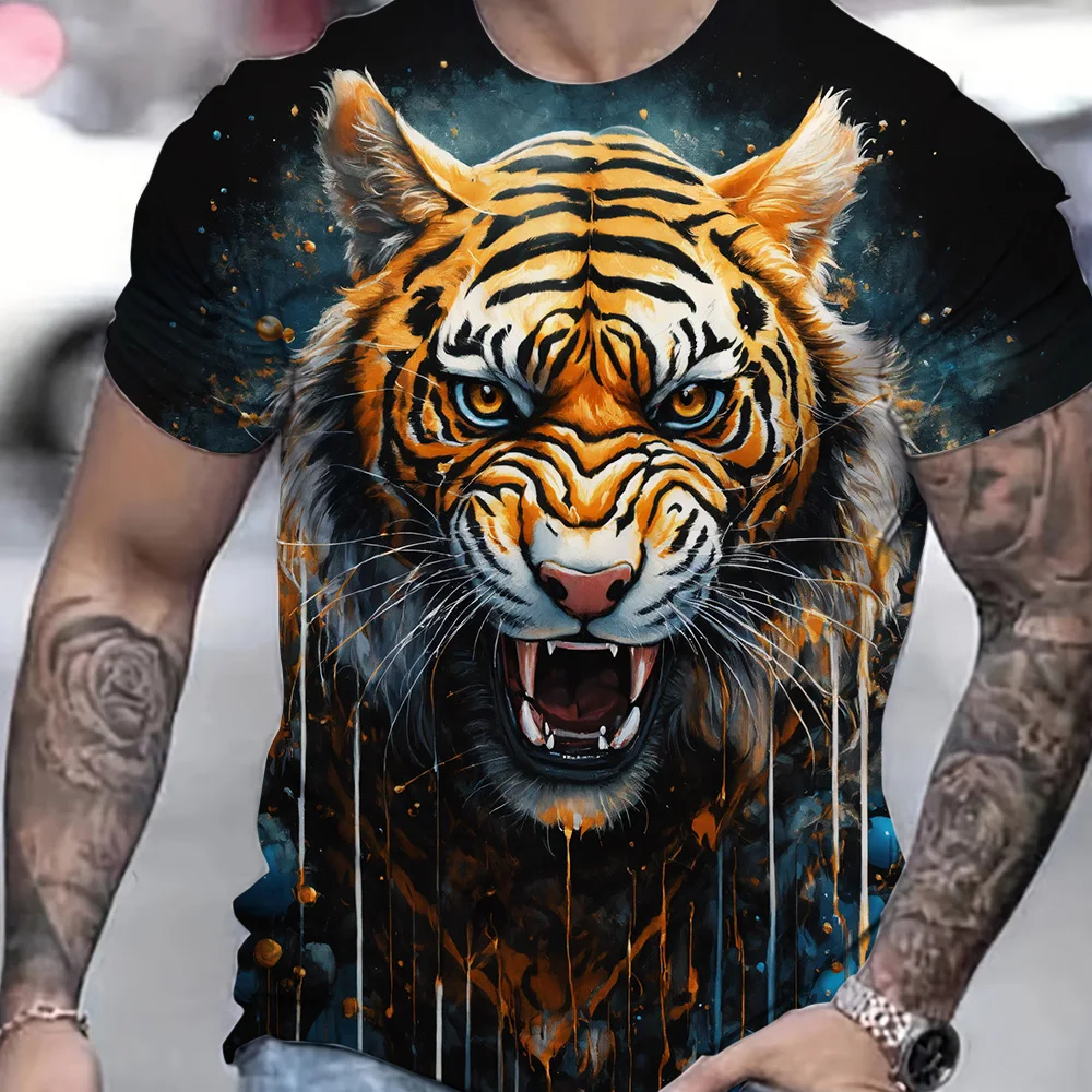 Animal Print O-neck T Shirt Men Cool Fierce Tiger Graphic Print Short Sleeve Clothing Summer Breathable Outdoor Sports T-shirt