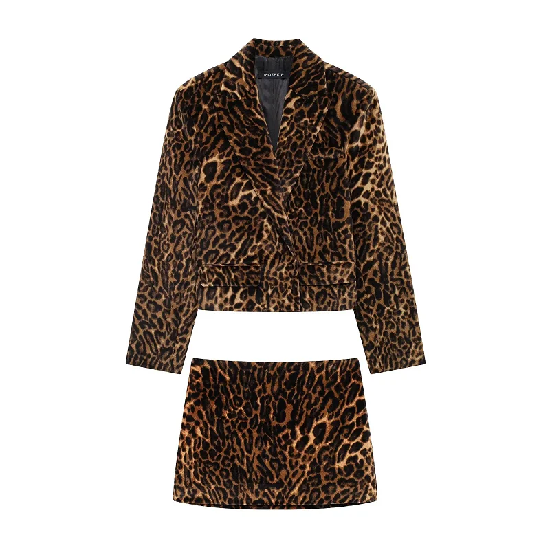 TRAF Leopard Skirt Sets For Women 2 Pieces Outfit Long Sleeve Blazer Outerwear Mid Waist Mini Skirt Elegant Velvet Lady Suits