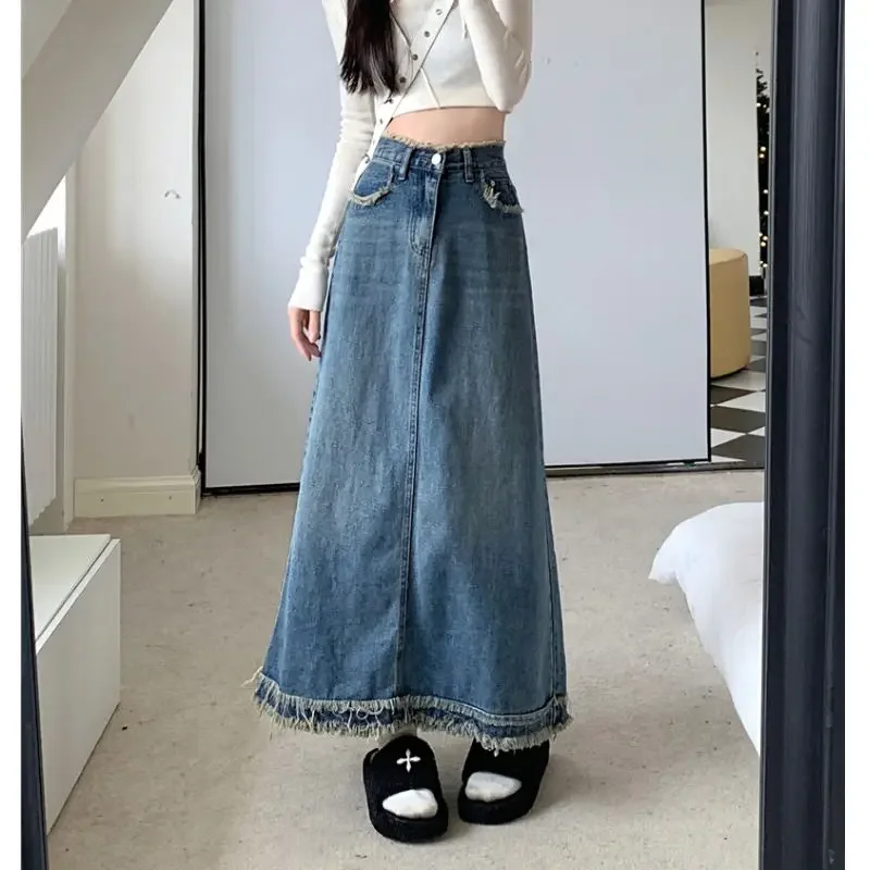 Deeptown Denim Rok Vintage Vrouwen Elegante Mode Herfst Lange Jean Rok Retro Hoge Taille Streetwear Slim Up A-lijn Midi Rokken