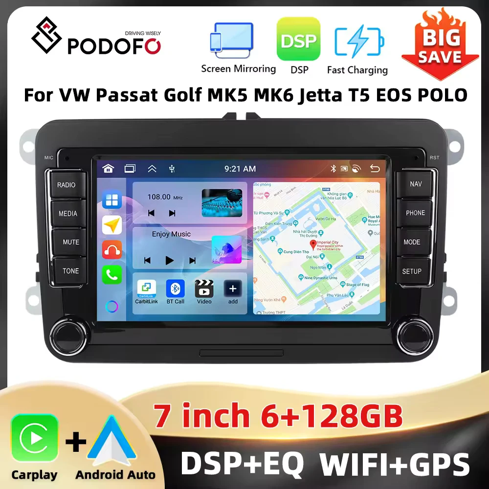 Podofo 7 ''6 + 128G autoradio pour VW/PASSAT/GOLF/SCIROCCO lecteur multimédia Navigation Carplay Android Auto WIFI BT RDS Audio de voiture