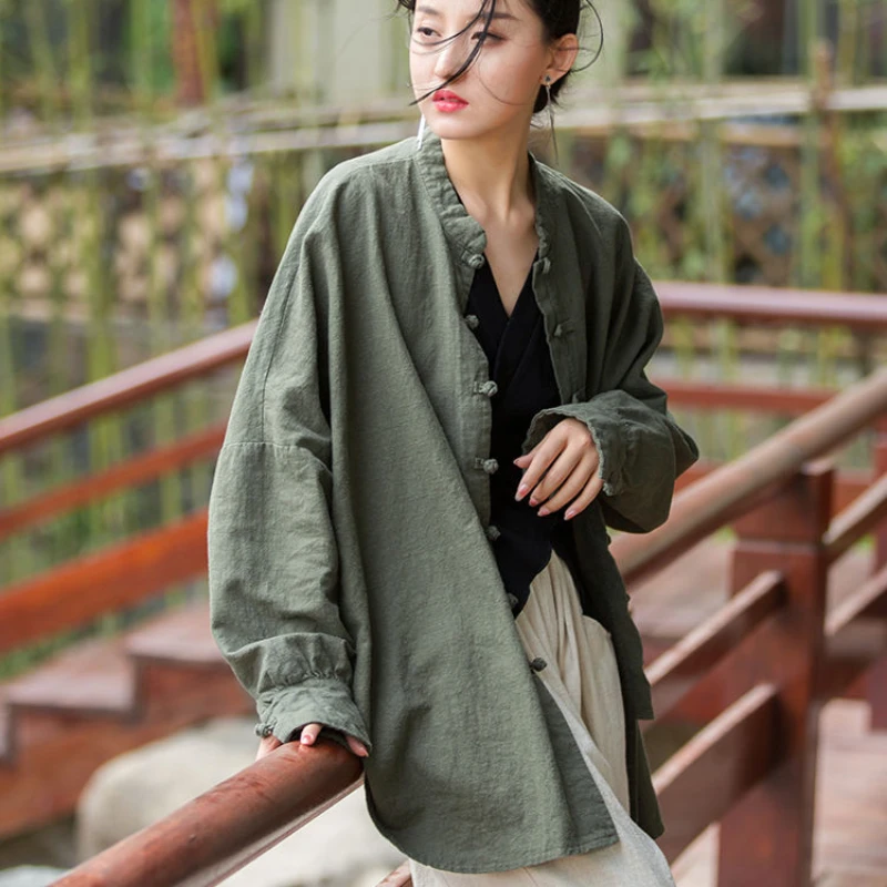 Vintage Shirt Women New Chinese Style Frog Solid Simple Leisure Loose Comfortable Single Breasted O-neck Minimalist Autumn Wear