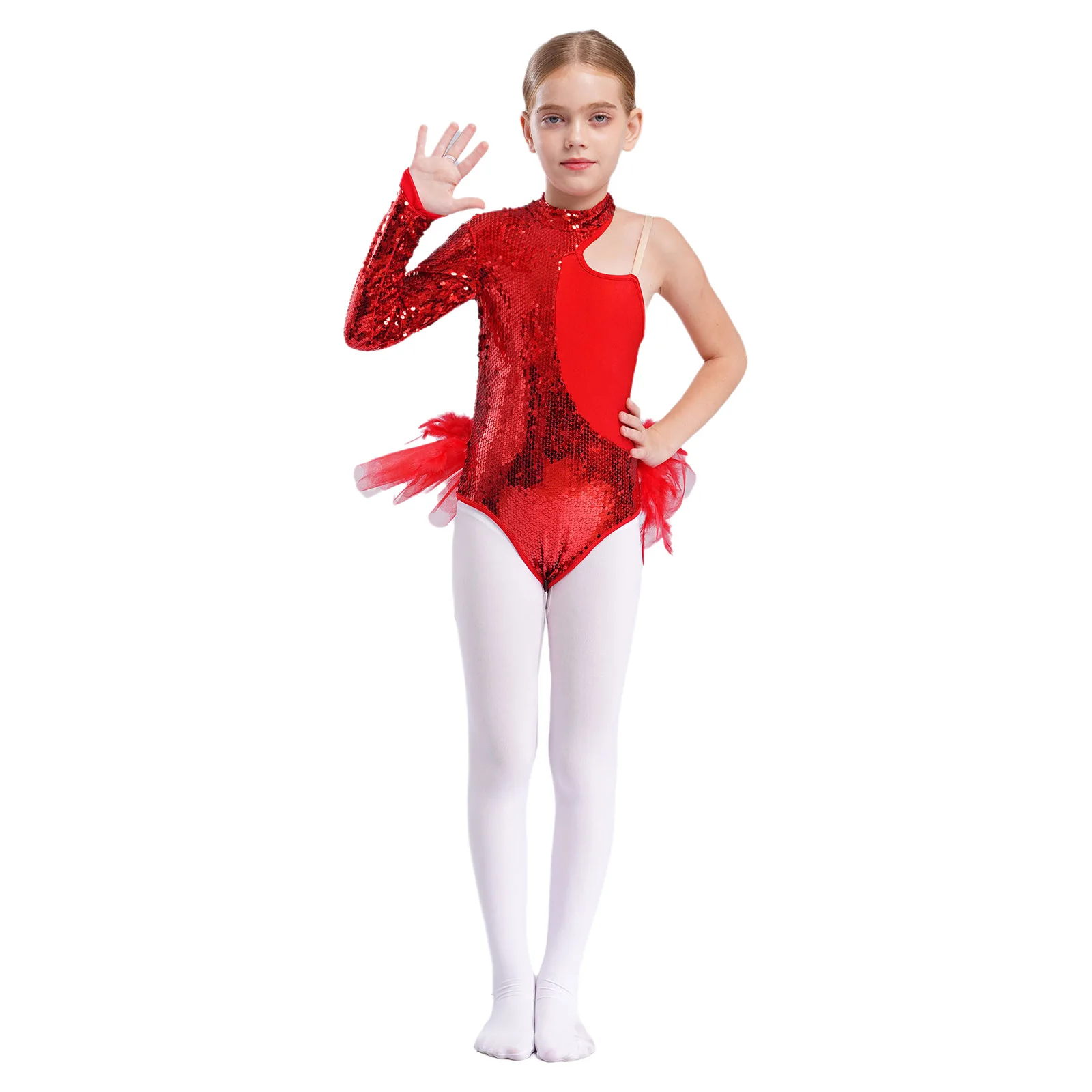 Kids Girls Ballet Gymnastics Leotard Skating Bodysuit Single Long Sleeve Shoulder Sequins Splice Mesh Dance Lyrical Tutu Dress image 3