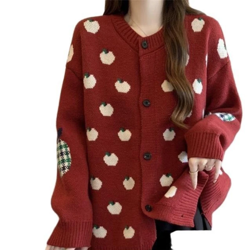 Giacca maglione cardigan lavorato a maglia jacquard mela versione coreana da donna per top snellente vestibilità ampia autunno e inverno da donna