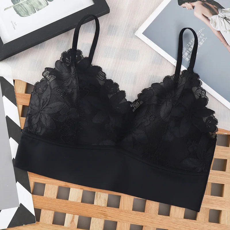 New M L Thin French Style Bralette Lace Wireless Triangle Cup Women Lingerie Soft Bra Seamless Underwear Deep V Girls