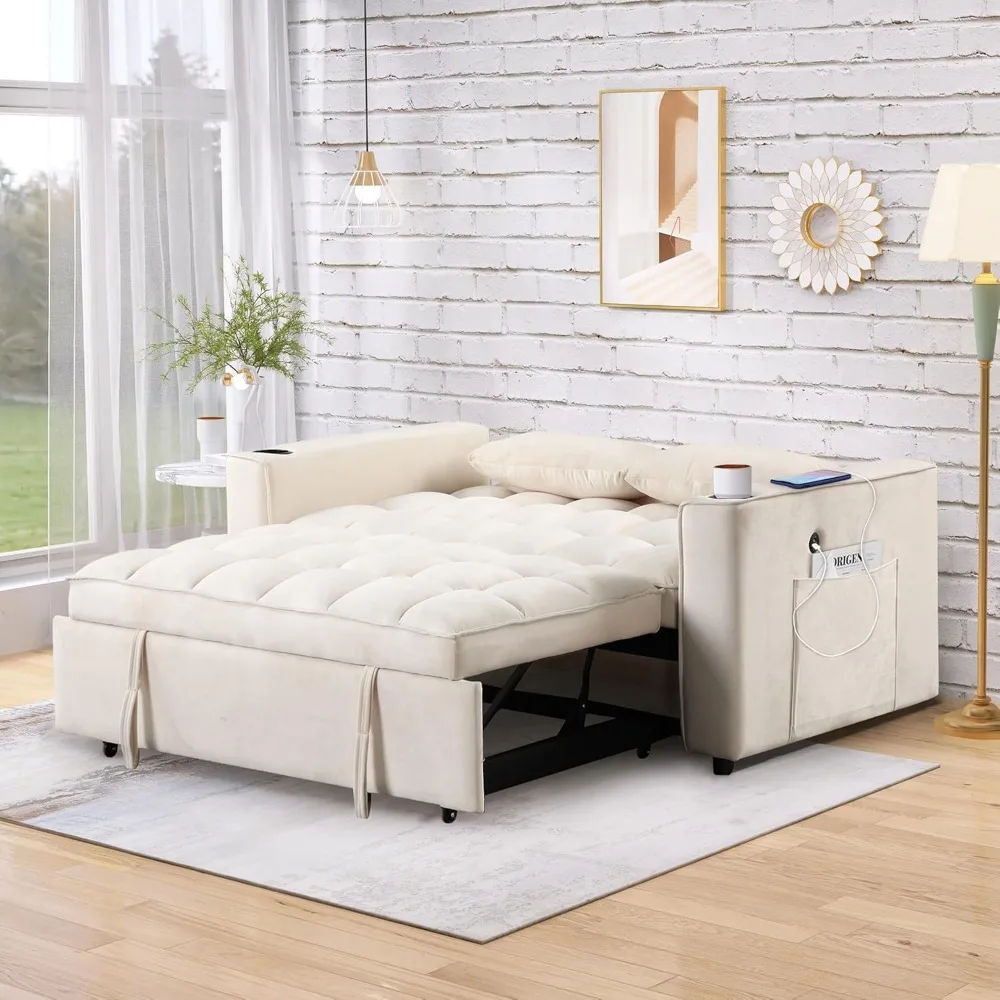 مقعد Loveseat مع سرير قابل للسحب مقاس 55.3 بوصة، وسرير أريكة مخملي قابل للتحويل مع حامل أكواب ومنفذ USB، ووسادتين، وBAC قابل للتعديل #5