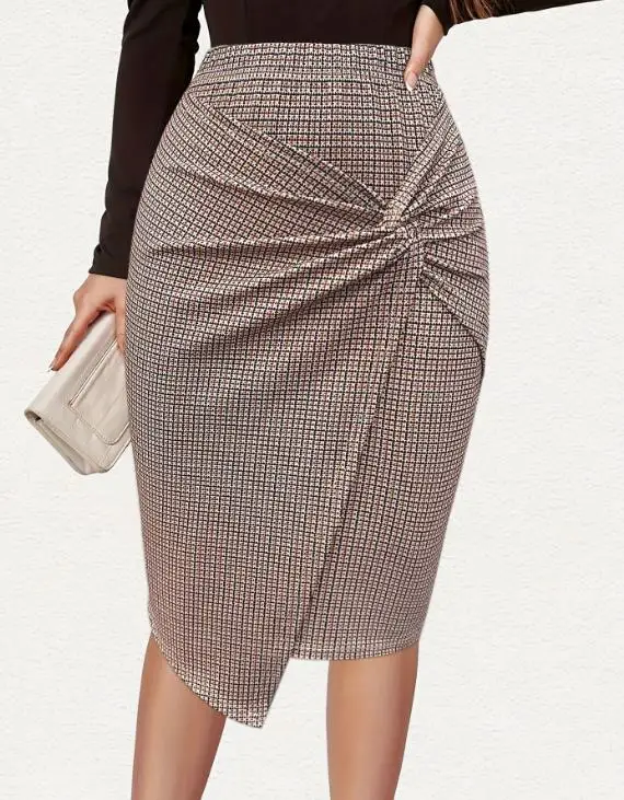 Skirt for Women 2025 Spring New Commuter Plaid Printed Front Twisted Elegant and Fashionable High Waist Bag Hip Midi Skirt