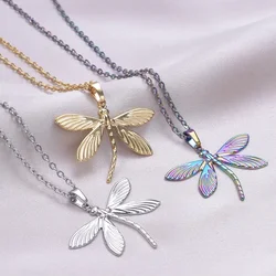 1Pc Personality Minimalism Dragonfly Pendant Necklace Metal Stainless Steel Charms Necklace Real Gold Plated For Women Jewelry