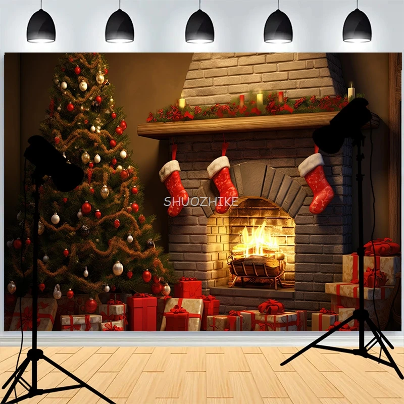 Fondo de fotografía de ventana de regalos de árbol de Navidad sala de estar copo de nieve fiesta familiar vacaciones de Año Nuevo fondo de estudio XH-22