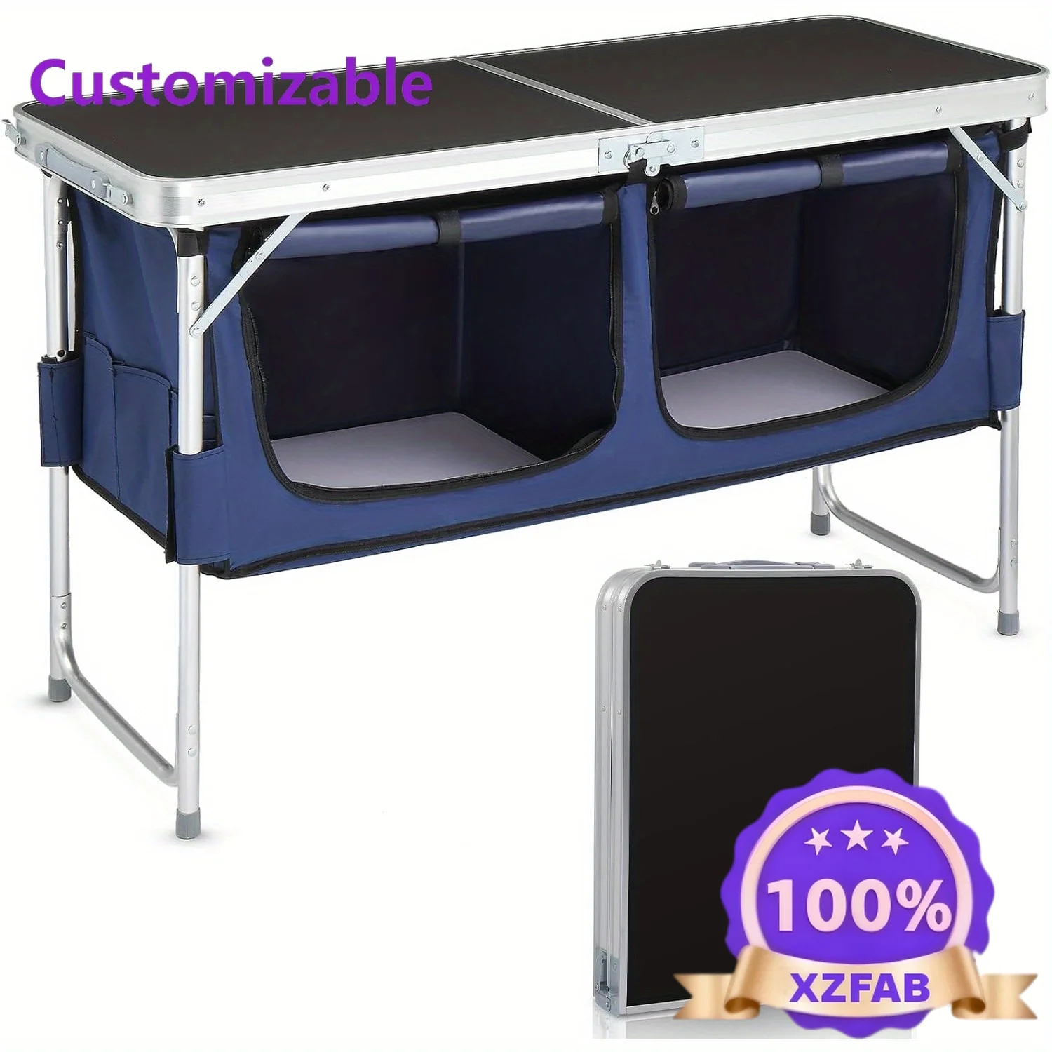 Factory Direct 2026 Bonnlo 4ft Folding Table with Storage Aluminum Camping Picnic Table Adjustable Height for Outdoor Beach BBQ