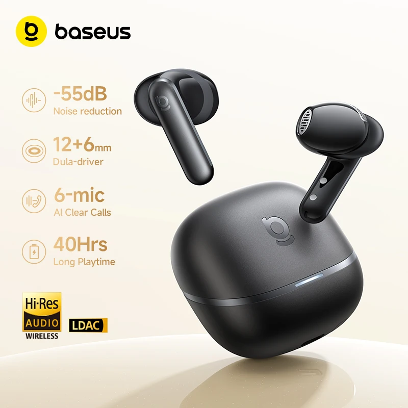  Baseus Bowie MS1 -55dB Adaptive ANC Earbuds Semi-In-Ear Wireless Bluetooth 6.0 Earphones Stable Fit Ear Hi-Res Audio Headphone 