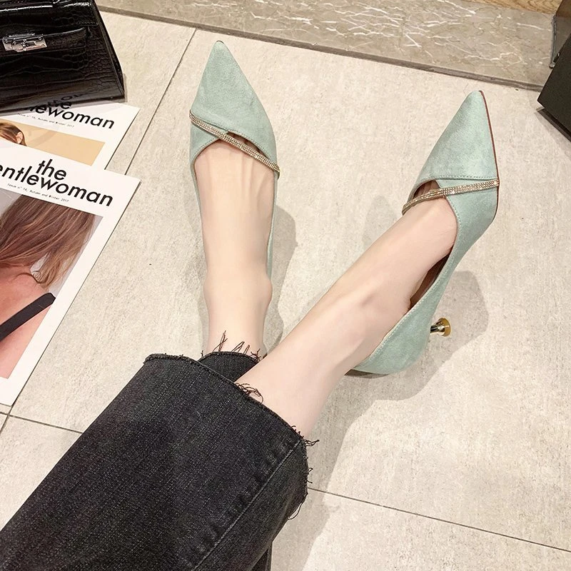 Women\'s Single Shoes Summer New Low Heel Pointed Drill Bar Pumps Fashion Comfortable Professional Party Sandals