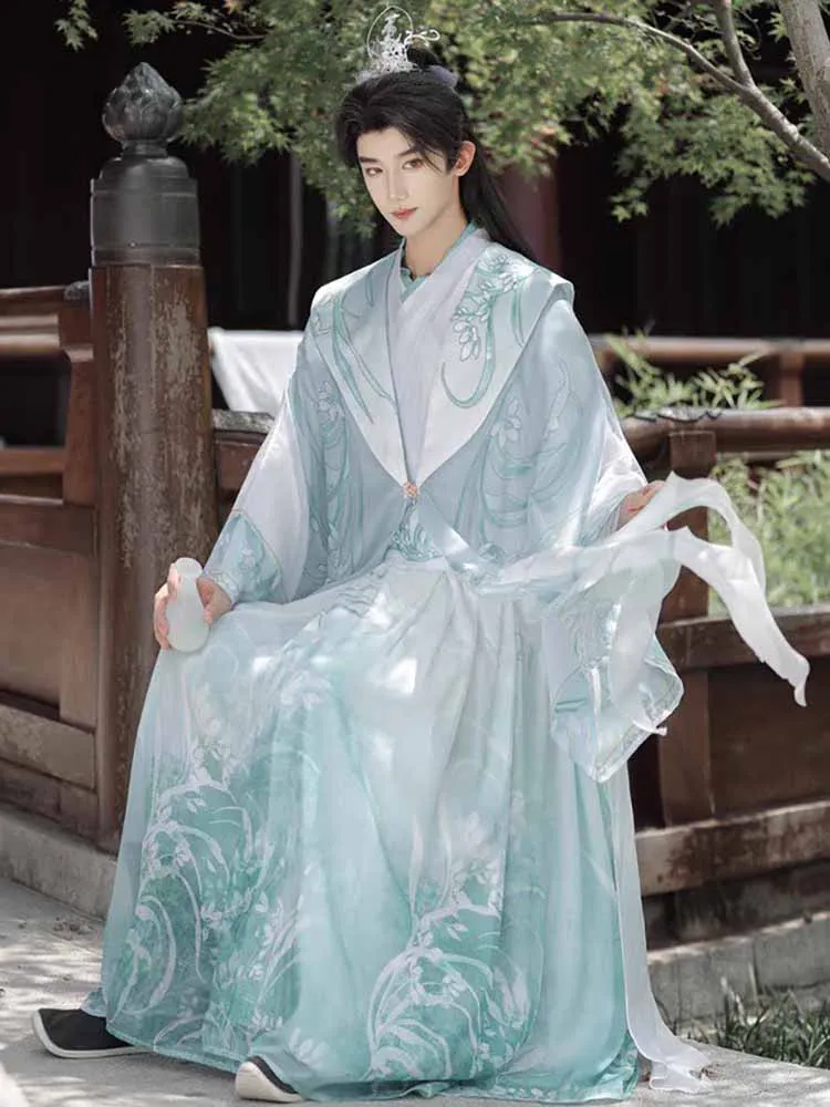 ชุดฮั่นฝูจีนสีน้ำเงินและสีเขียวสไตล์วินเทจสำหรับผู้ชาย ชุดคอสเพลย์งานฮาโลวีน งานคาร์นิวัล งานปาร์ตี้ ชุดฮั่นฝูสำหรับผู้หญิงไซส์ใหญ่พิเศษ 3XL