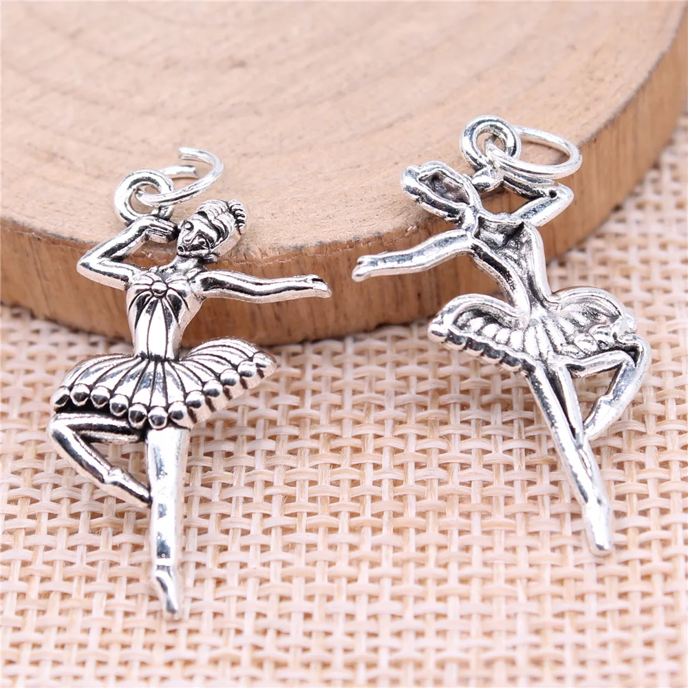 20 piezas de dijes de bailarina de color plata antigua de 29x16mm (1.14x0.63 pulgadas) de aleación de zinc, accesorios de joyería al por mayor