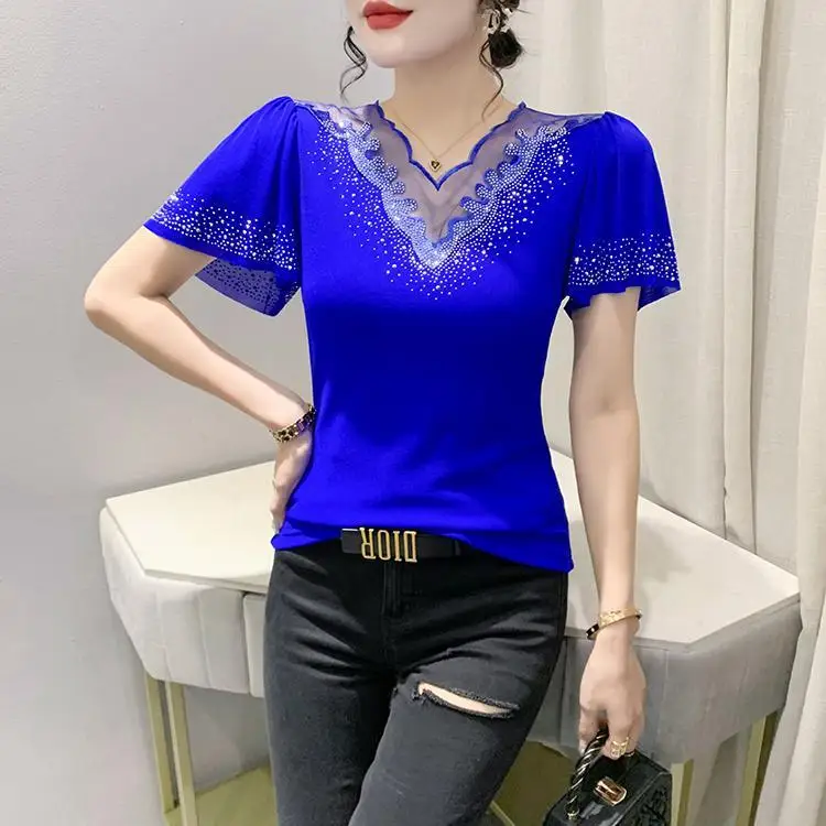 2025 夏の新中空ファッションダイヤモンド半袖 Tシャツ女性のためのスリム蓮の葉スリーブプルオーバー