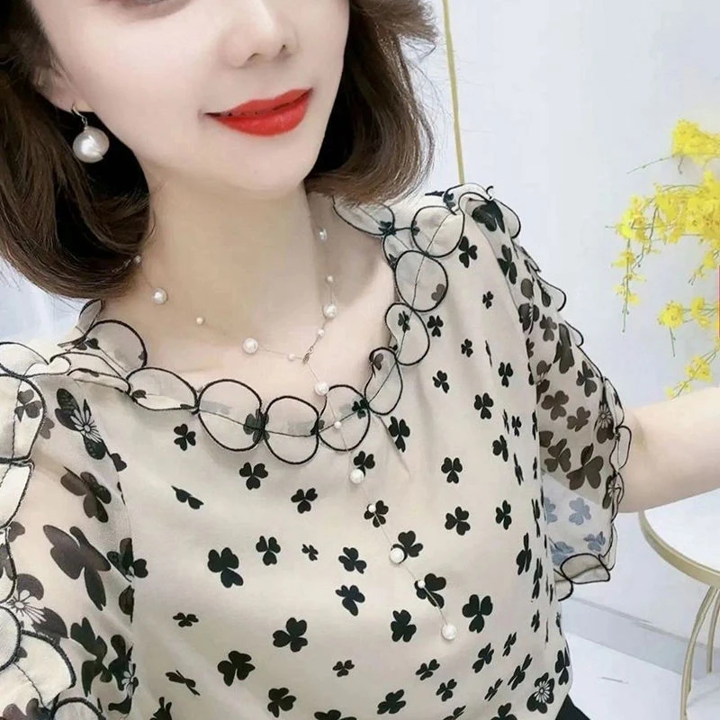 Summer Elegant Office Lady Top Artistic Chinese Style Chic Round Collar Batwing Sleeve Loose Casual Printed Floral Blouse Women