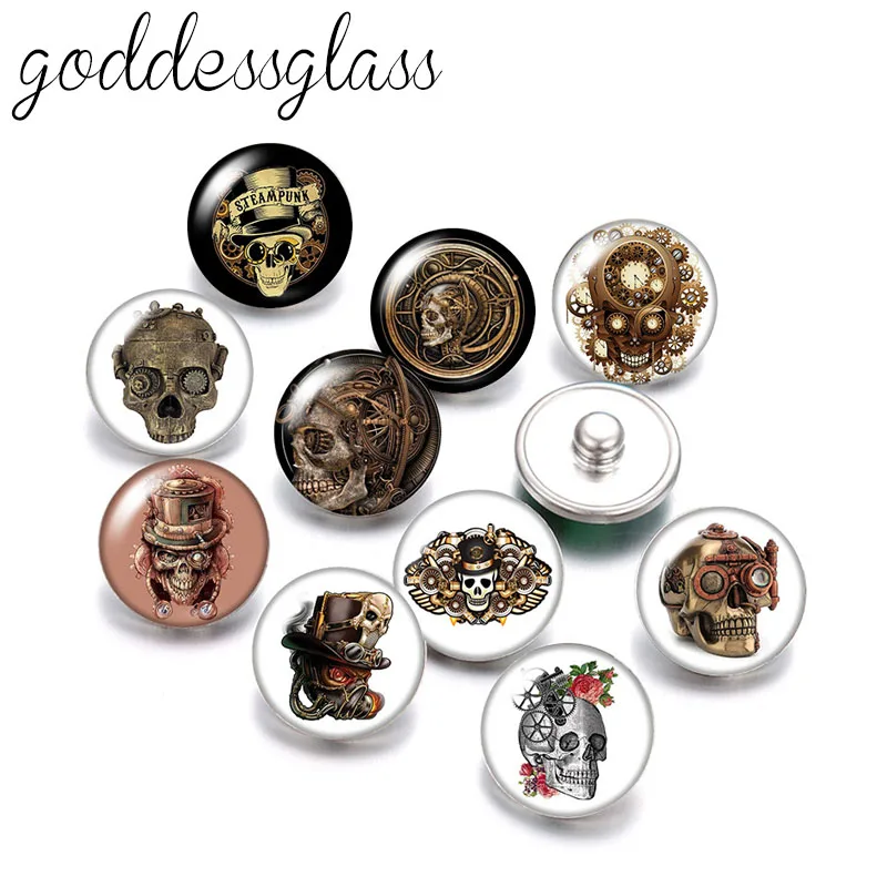 Nowy steampunk czaszka mechaniczne Punk 10 sztuk okrągłe 12mm/18 przyciski zatrzaskowe mm dla 12mm/18mm przystawki naszyjnik DIY ustalenia biżuteria