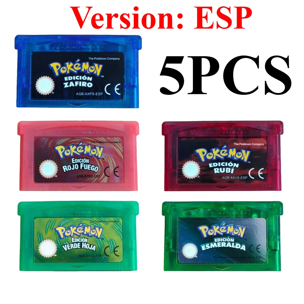 5 Styles España GBA Game Pokemon Series 32 Bit Video Game Cartridge Console Card Pokemon Emerald FireRed Ruby LeafGreen Sapphire