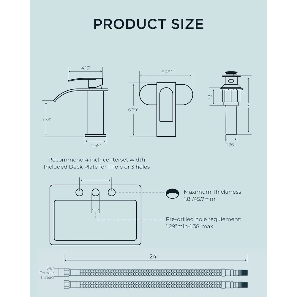 Waterfall Bathroom Faucet Brushed Nickel Single Handle with Anti-Splash Design & Metal Drain for Vanity Sink