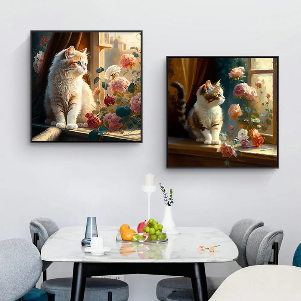 Needlework, DIY Cross-stitch, Full Embroidery Kits, Cat Flowers on the windowsill Patterns Cross Stitch 11CT Printed on Canvas