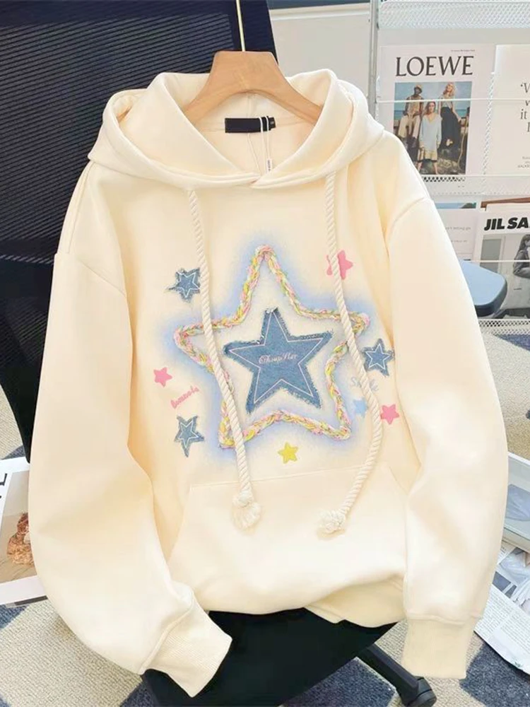 Jmprs Vintage Star Print Hoodies Women Streetwear Loose Long Sleeve Sweatshirts American Retro Bf Casual Harajuku Pullover Tops