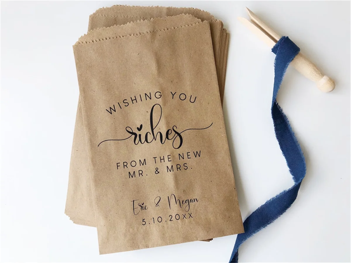 50 Wishing you riches from the new Mr. and Mrs. Custom ticket favor bags, personalized lucky ticket favor bags from the bride