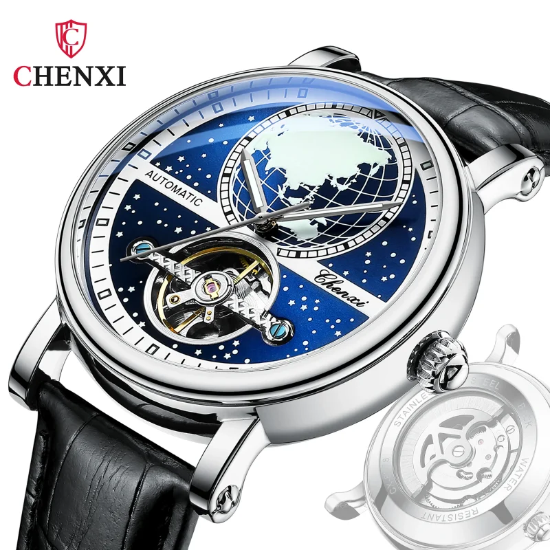 CHENXI 8871 Luxury Men's Automatic Mechanical Watch Luminous Creative Earth Skeleton Tourbillon Leather Business Male Watches