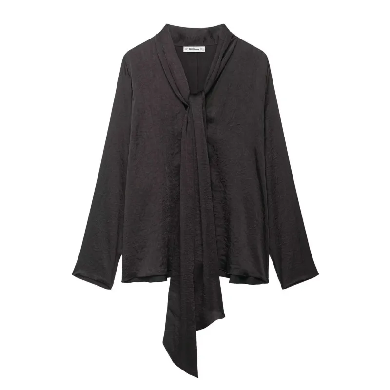 

TRAF Women Knot Collar Shirt Autumn Women's Long Flowing Shirts Simple Female Lace Up Shirts & Blouses