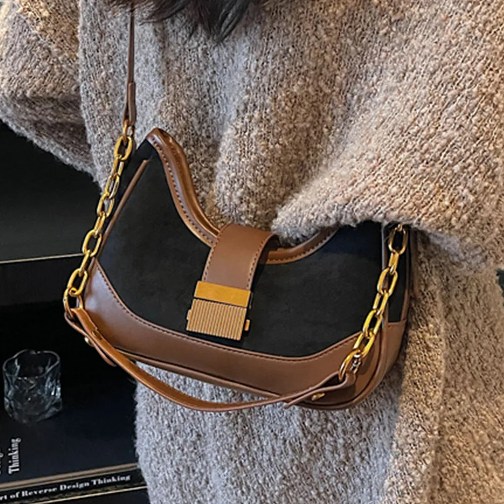 

Frosted Patchwork Chain One Shoulder Bag Women Autumn Winter Delicate Temperament Crossbody Bags High Grade Underarm Packs