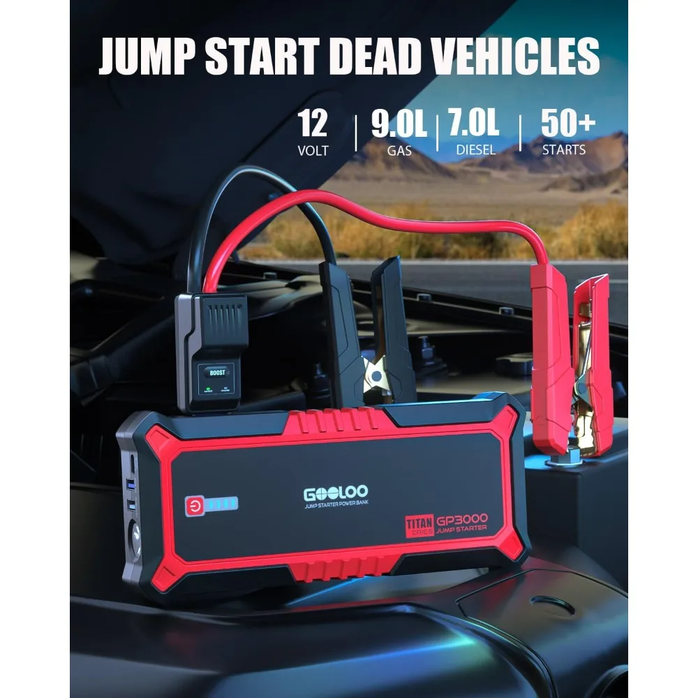 3000A Peak Jump Starter for 12V Vehicles - Up to 9L Gas/7L Diesel, Safe & Portable with USB Quick Charge view 2