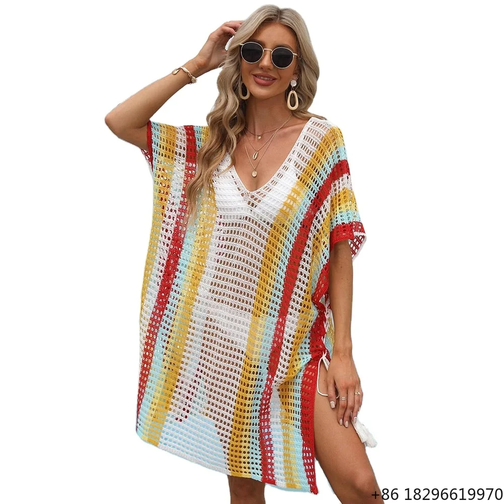 Custom Summer Holiday Rainbow Knit Loose Hollow Out Deep V Sexy Women Beach Cover Ups Swimsuits Vacation Dress