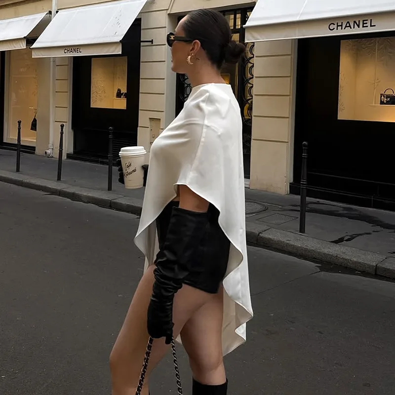 بلوزة أساسية غير متماثلة للنساء، ملابس خريفية أنيقة، بلوفرات بيضاء، وسادات كتف، ملابس كلاسيكية فضفاضة #3