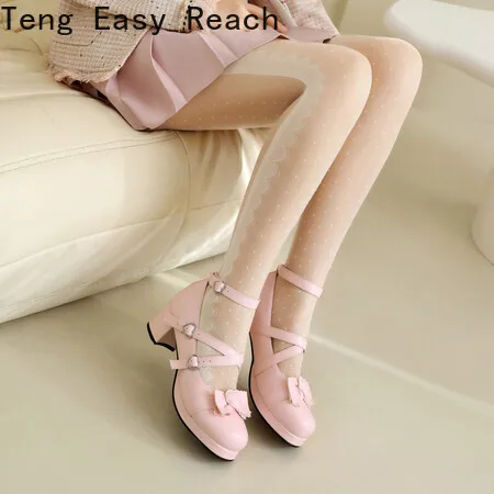 2024 donne tacchi alti cinturino incrociato Mary Jane Pumps Party Wedding bianco rosa nero Ruffles Bow Princess Cosplay Lolita Shoes34-48