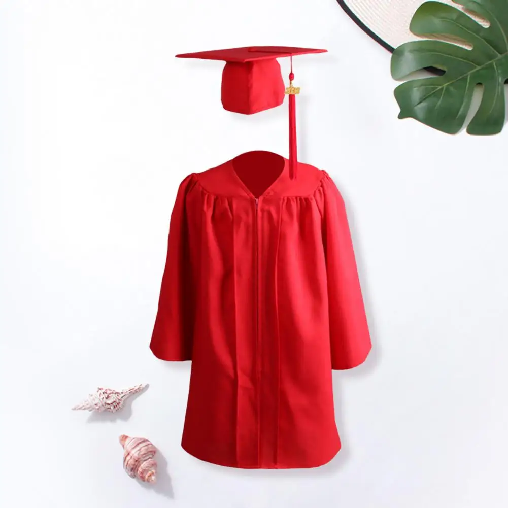 1 Set Graduation Gown Loose Fit Zipper with Hat Tassel Dressing Up Polyester Kid Solid Color Academic Dress Student Supplies