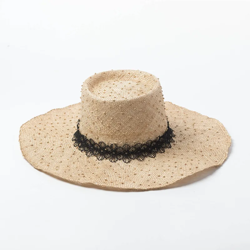 

Elegant Sisal Straw Hat with Black Lace Flower design Wide Brim Dot Women Straw Hat Ladies Summer Fedora Hats Outdoor Sun Hat