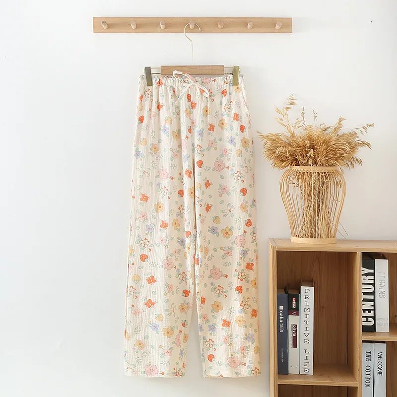 Floral Print Thin Summer Pajamas Pants For Women Bottoms Cotton Gauze Trousers Home Pants Room Wear Ladies For Sleep