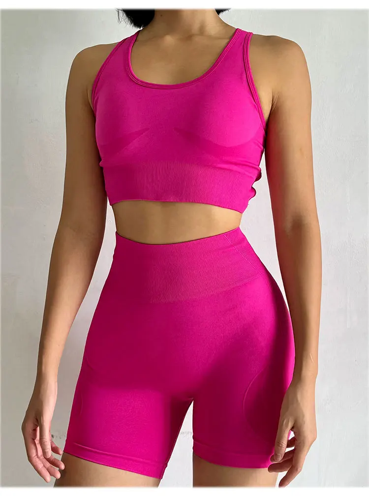Pfirsichfarbenes Damen-Set mit High-Waist-Shorts und BH, Po-Lifting-Fitness-Set, geraffter Rücken, Yoga-Anzug, eng anliegend für Lauf- und Trainingsübungen – Detail 4