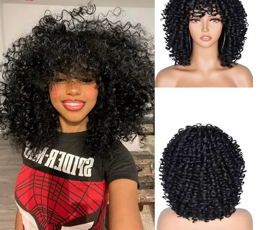 Short Hair Afro Curly Wig with Bangs For Black Women Synthetic Wigs Natural Hair Brown Mixed Wig for Daily Party Cosplay