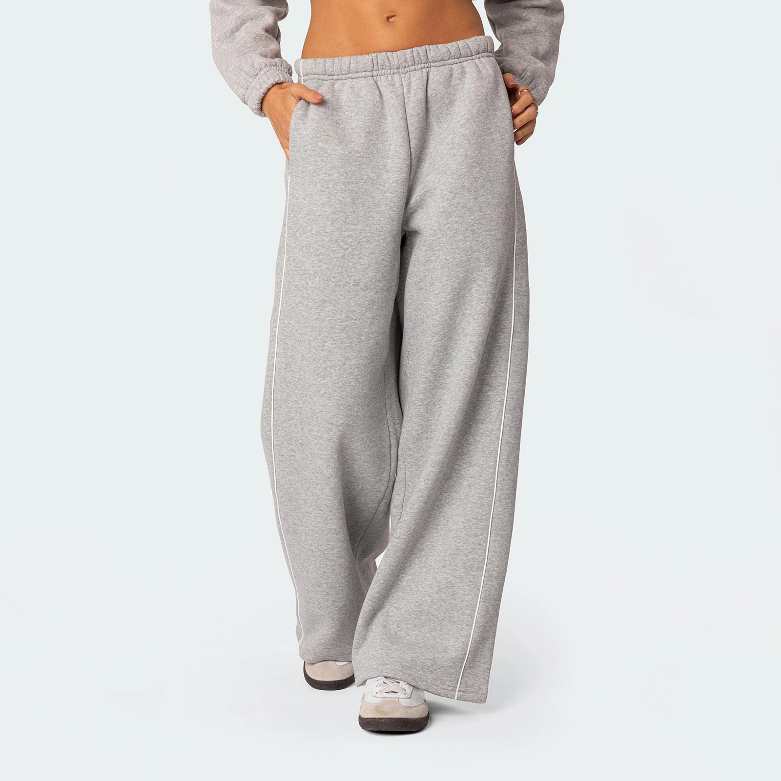 

Women Fall Sweatpants White Trim Elastic Waist Loose Sports Trousers with Pockets